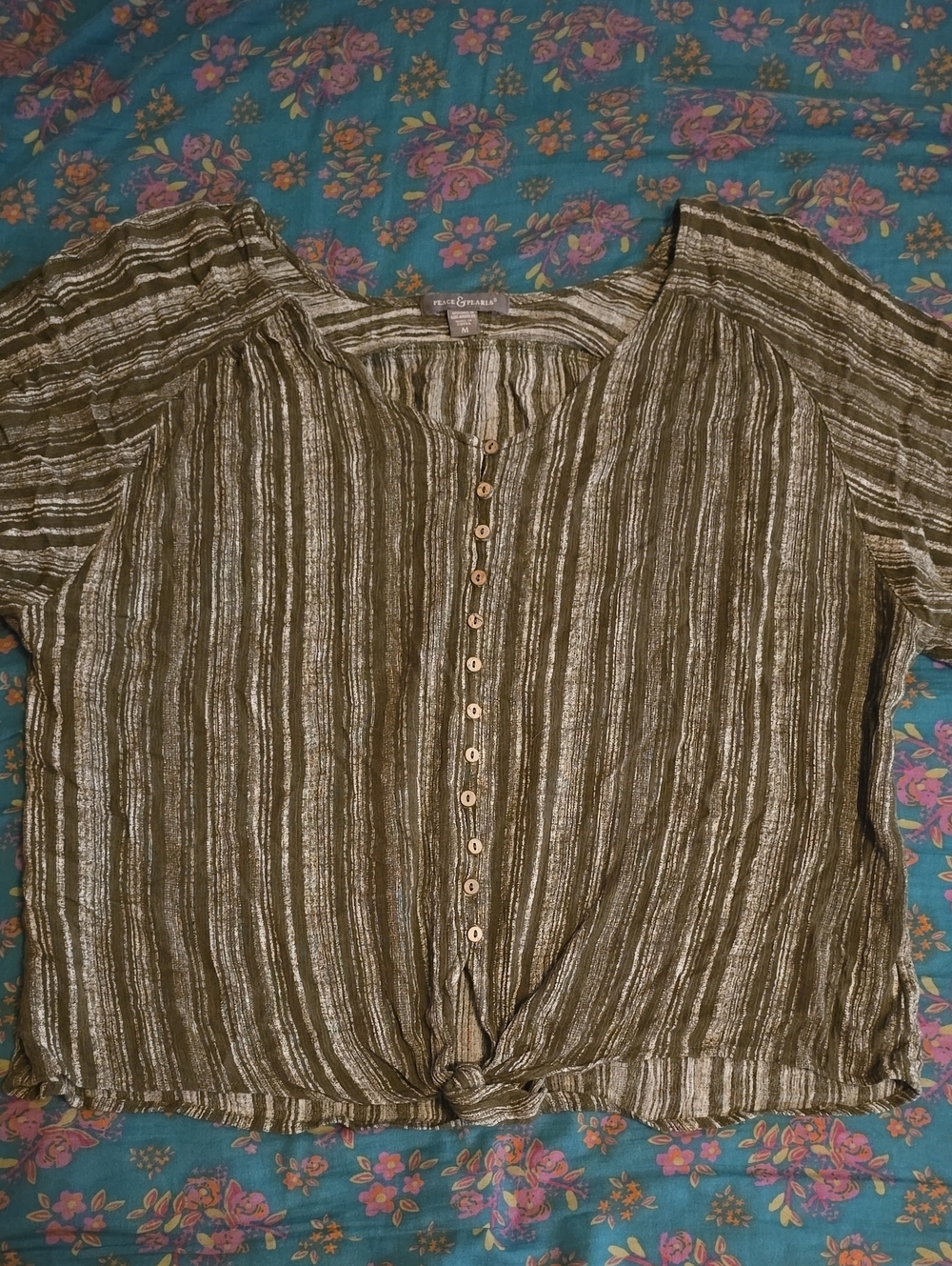 Peace & Pearls Olive Striped Button-Front Women’s Top with Front Knot Tie Size M
